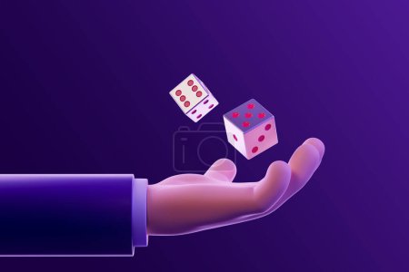 Téléchargez les photos : Vue de dessin animé homme main jetant deux dés de casino sur fond violet. Concept de hasard et de dépendance au jeu. Rendu 3d - en image libre de droit