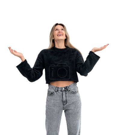 Photo for Happy cheerful woman with raised arms looking up, happy person celebrating success or good news. Isolated over white background. Concept of win and luck - Royalty Free Image