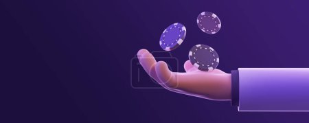 Photo for View of cartoon man hand tossing three poker chips over purple copy space background. Concept of casino, gambling, addiction and chance. 3d rendering - Royalty Free Image