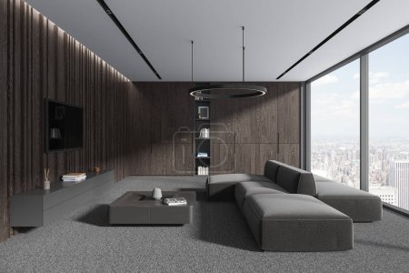 Photo for Dark home living room interior with sofa and tv screen with sideboard, coffee table and shelf with decoration. Panoramic window on New York skyscrapers. 3D rendering - Royalty Free Image