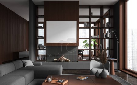 Photo for Interior of stylish living room with gray and wooden walls, concrete floor, cozy gray couch and armchair standing near coffee table and horizontal mock up poster above fireplace. 3d rendering - Royalty Free Image