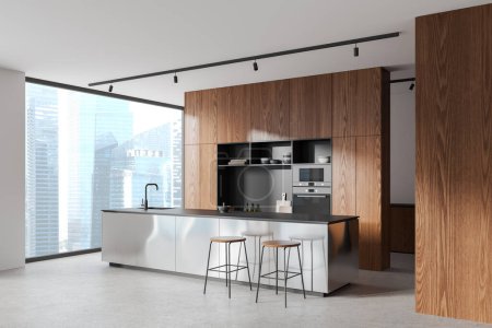 Photo for Stylish home kitchen interior with metal bar island, side view sink and oven. Built-in wall shelves with dishes and kitchenware, cooking corner with panoramic window on skyscrapers. 3D rendering - Royalty Free Image