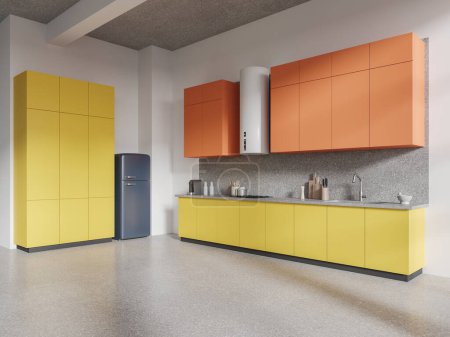 Photo for Corner of modern kitchen with white walls, concrete floor, orange cupboards, cozy yellow cabinets with built in cooker and sink and gray fridge. 3d rendering - Royalty Free Image