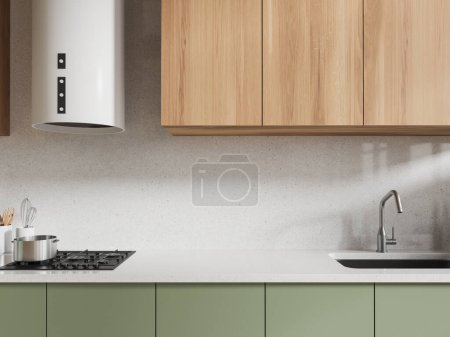 Téléchargez les photos : Intérieur de cuisine de luxe avec design vert et bois, évier et cuisinière avec ustensiles de cuisine et hotte. Espace de cuisson minimaliste confortable dans un appartement moderne. rendu 3D - en image libre de droit