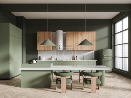 Photo for Green home kitchen interior with island table and seats, hardwood floor. Stylish cabinet with kitchenware and refrigerator, panoramic window on skyscrapers. 3D rendering - Royalty Free Image