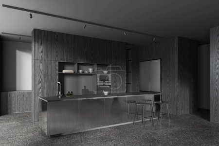 Foto de Interior de la cocina casa oscura con barra de metal isla, fregadero vista lateral y horno. Armario de madera negra con menaje de cocina, rincón de cocina con nevera. Renderizado 3D - Imagen libre de derechos