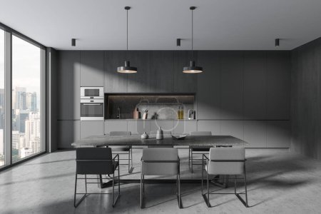 Photo for Dark home kitchen interior with eating table and chairs, cabinet with sink, oven and kitchenware. Panoramic window on Kuala Lumpur skyscrapers. 3D rendering - Royalty Free Image