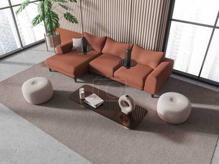 Photo for Top view of cozy home relax room interior with sofa and coffee table, carpet on light concrete floor. Meeting or chill corner with panoramic window on Singapore skyscrapers. 3D rendering - Royalty Free Image