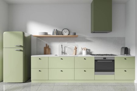Téléchargez les photos : Intérieur de cuisine maison verte avec comptoir et réfrigérateur, étagère avec décoration. Espace de cuisson minimaliste élégant avec armoire sur sol en granit carrelé. rendu 3D - en image libre de droit