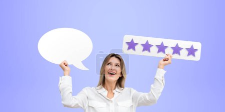 Photo for Happy young businesswoman hands showing a mockup speech bubble, banner with five stars. Leave comment and give high rating. Concept of review and customer service - Royalty Free Image