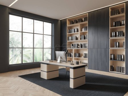 Photo for Corner view of workplace interior with pc computer on desk, armchair on carpet, hardwood floor. Stylish consulting area with panoramic window on tropics. 3D rendering - Royalty Free Image