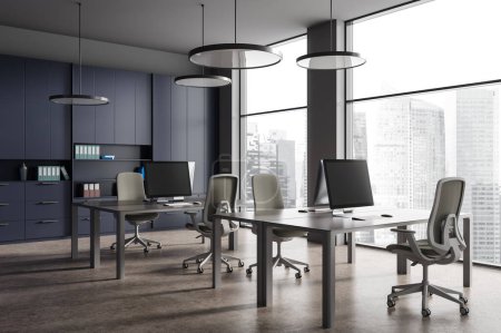 Photo for Dark coworking interior with chairs and pc computers, side view brown concrete floor. Minimalist coworking corner with panoramic window on Singapore skyscrapers. 3D rendering - Royalty Free Image