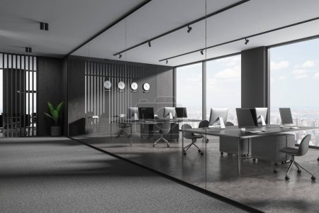 Foto de Esquina de elegante oficina de espacio abierto con paredes grises, de madera y vidrio, suelo de hormigón, filas de escritorios de ordenador con sillas grises y relojes que muestran la hora mundial. renderizado 3d - Imagen libre de derechos