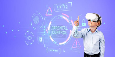 Photo for Child in vr glasses finger touch digital hologram hud with parental control, padlock and biometric scanning sign. Concept of virtual reality, restriction and kids safety - Royalty Free Image