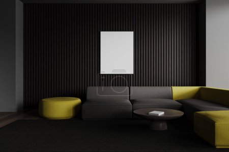 Foto de Hogar oscuro salón interior con sofá, mesa de centro en alfombra oscura piso de madera. Escandinavo relajarse lugar y maqueta cartel de lona en los paneles de pared. Renderizado 3D - Imagen libre de derechos