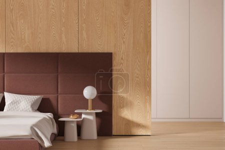 Photo for Wooden hotel bedroom interior bed, nightstand with lamp on hardwood floor. Modern sleep room with wooden accent wall partition and minimalist decoration. 3D rendering - Royalty Free Image