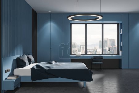 Photo for Blue hotel bedroom interior bed and workplace with table and chair, grey concrete floor. Stylish minimalist relax room with panoramic window on Kuala Lumpur skyscrapers. 3D rendering - Royalty Free Image