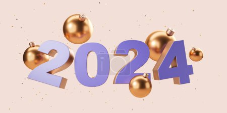 Foto de Vista del año púrpura 2024 y decoraciones navideñas doradas sobre fondo beige. Concepto de Año Nuevo y celebración de Navidad. renderizado 3d - Imagen libre de derechos