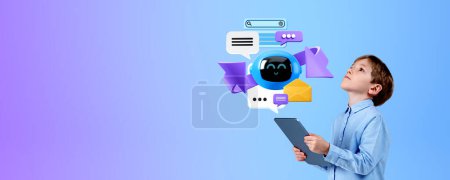 Photo for Boy with tablet in hands, look up at chat bot robot icon with search bar, text bubbles on empty gradient background. Concept of virtual assistant and education - Royalty Free Image