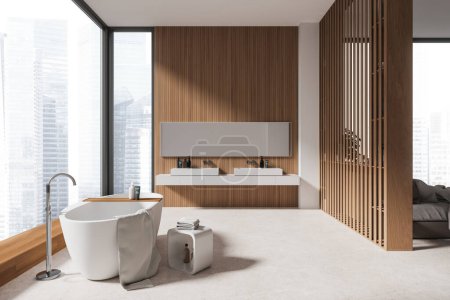 Téléchargez les photos : Intérieur de maison en bois beige avec baignoire, double lavabo et coin nuit avec lit. Panneaux de cloison et fenêtre panoramique sur les gratte-ciel de Singapour. rendu 3D - en image libre de droit