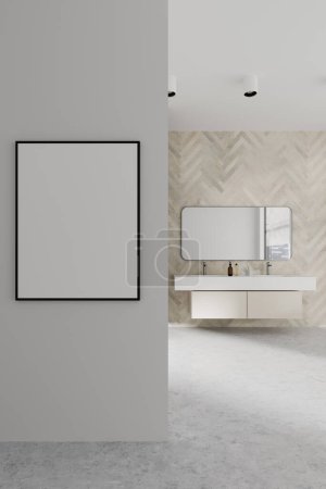 Photo for White home bathroom interior with double sink and mirror, vanity with minimalist accessories and panoramic window. Mockup copy space canvas poster on partition. 3D rendering - Royalty Free Image