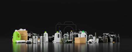 View of mixed garbage and packaging of different types waiting to be recycled over black background. Concept of separate waste collection. 3d rendering