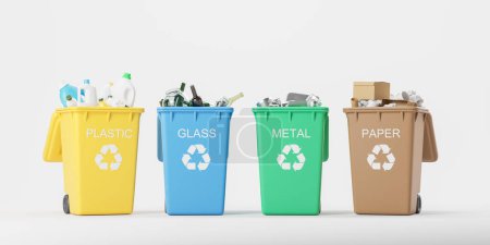 Téléchargez les photos : Vue de quatre poubelles avec différents types d'ordures sur fond rose. Concept de recyclage et de collecte séparée des déchets. Rendu 3d - en image libre de droit