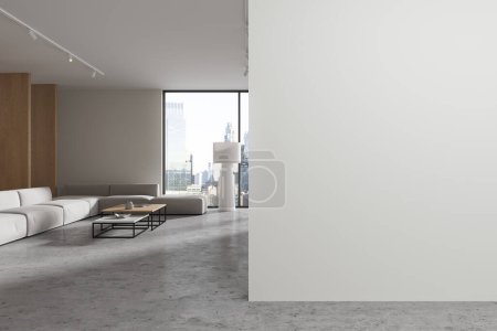 Foto de Casa blanca sala de estar interior con sofá y mesa de centro con decoración, ventana panorámica a los rascacielos de Nueva York. Simular la partición de la pared de espacio de copia vacía. Renderizado 3D - Imagen libre de derechos