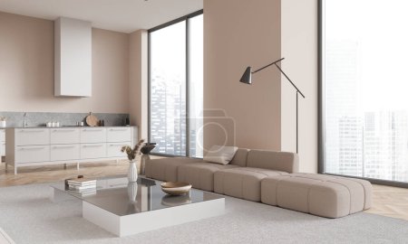 Photo for Interior of modern living room with beige walls, wooden floor, comfortable beige couch standing near coffee table and kitchen with white island in the background. 3d rendering - Royalty Free Image