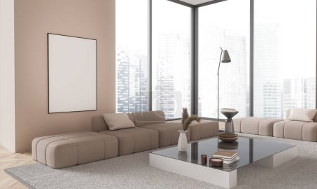 Photo for Corner of modern living room with beige walls, wooden floor, two comfortable beige couches standing near coffee table and vertical mock up poster. 3d rendering - Royalty Free Image