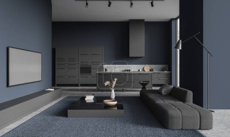 Foto de Interior del estudio en casa azul oscuro con sofá y consola de tv, mesa de centro con decoración. Relajante y espacio de cocina con armario y bar isla. Renderizado 3D - Imagen libre de derechos