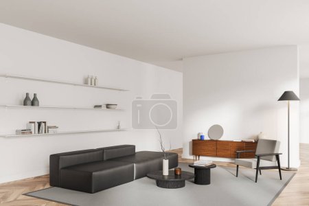 Photo for White home living room interior with leather sofa and armchair with drawer, side view. Relax corner with soft place, coffee table and shelf with books and decoration. 3D rendering - Royalty Free Image