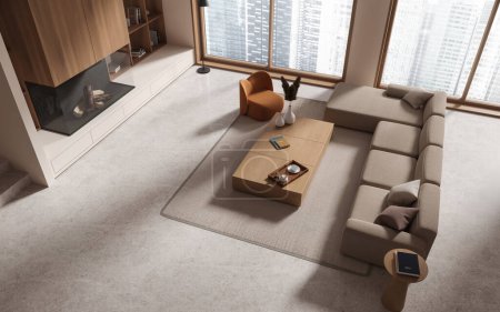 Photo for Top view of cozy home living room interior with sofa and armchair, fireplace and coffee table with decoration, carpet on light concrete floor. Panoramic window on skyscrapers. 3D rendering - Royalty Free Image