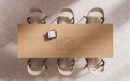 Téléchargez les photos : Vue de dessus de l'élégant salon intérieur avec table à manger en bois, six chaises beige sur sol en granit clair. Espace de réunion ou salle à manger élégant avec mobilier et décoration modernes. rendu 3D - en image libre de droit