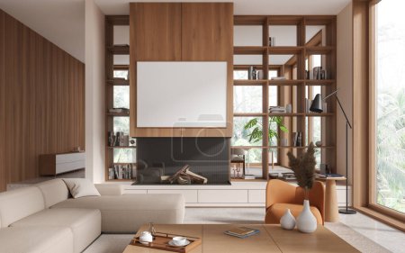 Foto de Interior de la moderna sala de estar con paredes de color beige y madera, suelo de hormigón, acogedor sofá blanco y sillón de pie cerca de la mesa de centro y la maqueta horizontal encima de la chimenea. renderizado 3d - Imagen libre de derechos