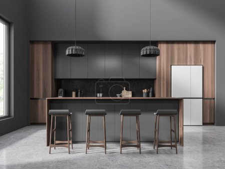 Photo for Grey and wooden home kitchen interior with bar island and stool, cooking and eating space with refrigerator, cabinet and panoramic window on tropics. 3D rendering - Royalty Free Image