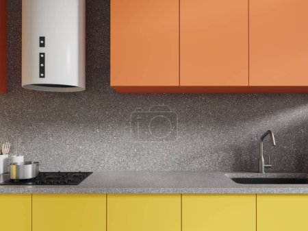 Téléchargez les photos : Intérieur de cuisine maison orange et jaune avec comptoir en pierre, évier et cuisinière avec ustensiles de cuisine et hotte. Design d'espace de cuisson confortable dans un appartement moderne. rendu 3D - en image libre de droit