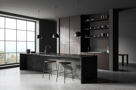 Photo for Dark home kitchen interior with stone bar counter, side view stool on grey concrete floor. Cooking corner with cabinet and kitchenware, panoramic window on countryside. 3D rendering - Royalty Free Image