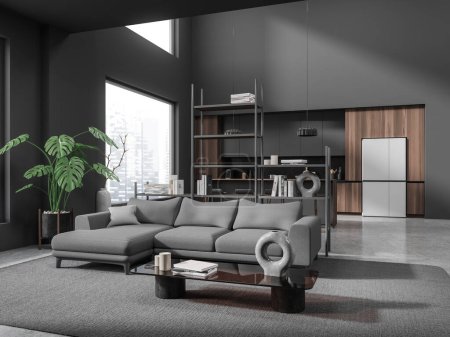 Photo for Dark home flat studio interior with sofa and coffee table. Shelf partition with decoration, side view bar counter and stool. Eating and cooking corner with panoramic window. 3D rendering - Royalty Free Image