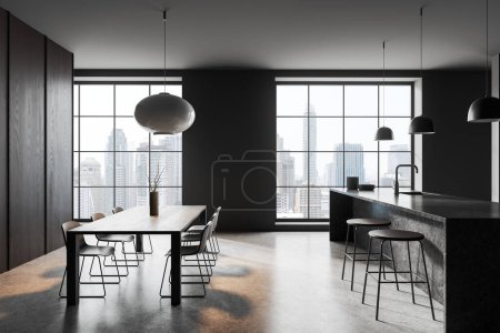 Foto de Interior de la cocina del hogar negro con mesa de comedor y bar isla, sillas en fila. Cocina moderna y comedor con ventana panorámica a Kuala Lumpur. Renderizado 3D - Imagen libre de derechos