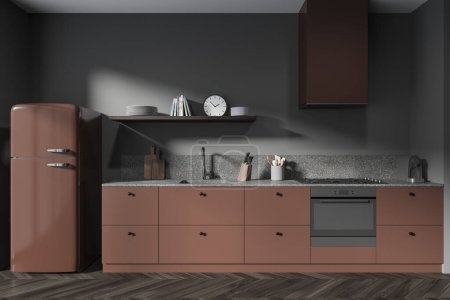 Photo for Dark home kitchen interior with fridge and counter with kitchenware, shelf with decoration. Brown cooking space with cabinet on hardwood floor. 3D rendering - Royalty Free Image
