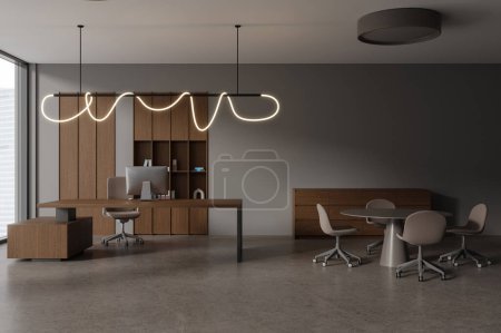 Photo for Brown office room interior with pc computer on work desk, chairs with meeting table on concrete floor. Modern workspace with minimalist furniture and panoramic window on skyscrapers. 3D rendering - Royalty Free Image