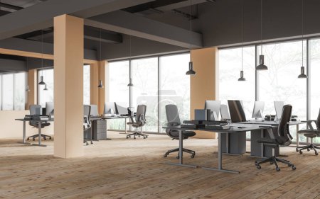Photo for Corner of stylish open space office with beige and gray walls, wooden floor, rows of computer desks with gray chairs and columns. 3d rendering - Royalty Free Image