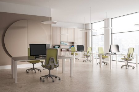 Photo for Corner of modern open space office with beige and white walls, stone floor, row of computer tables with green chairs and beige bookcase with folders. 3d rendering - Royalty Free Image