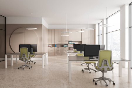 Photo for Modern office coworking interior with pc computers on table in row, beige concrete floor. Stylish office workplace with panoramic window on Paris skyscrapers. 3D rendering - Royalty Free Image