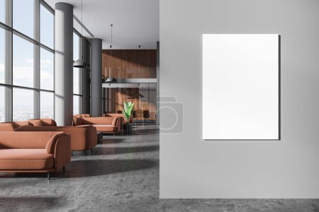 Photo for Dark office room interior with chill and glass conference room, minimalist lobby with brown sofa in row and panoramic window on New York city view. Mockup canvas poster on partition. 3D rendering - Royalty Free Image