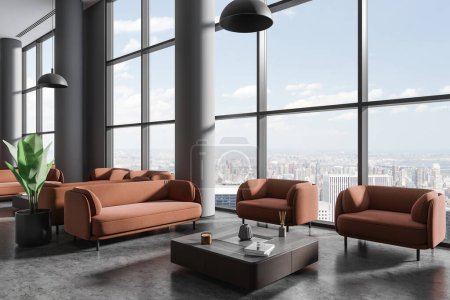 Photo for Dark business lobby interior with brown sofa and armchairs, side view coffee table with decoration on grey concrete floor. Panoramic window on New York skyscrapers. 3D rendering - Royalty Free Image