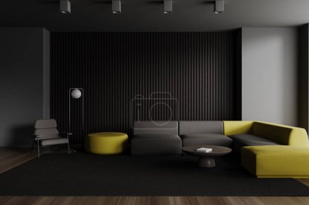 Photo for Dark home living room interior with sofa, armchair and coffee table with a book and lamp, carpet on hardwood floor. Lounge zone with empty wall panels. 3D rendering - Royalty Free Image