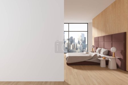 Photo for Wooden home bedroom interior bed, nightstand with lamp on hardwood floor. Modern sleep room with accent wall and panoramic window on New York skyscrapers. Mockup empty blank wall. 3D rendering - Royalty Free Image