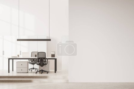 Photo for White office interior with laptop computer on work desk and chairs, podium stars on light granite floor. Consulting space with shelf, mockup copy space empty wall partition. 3D rendering - Royalty Free Image